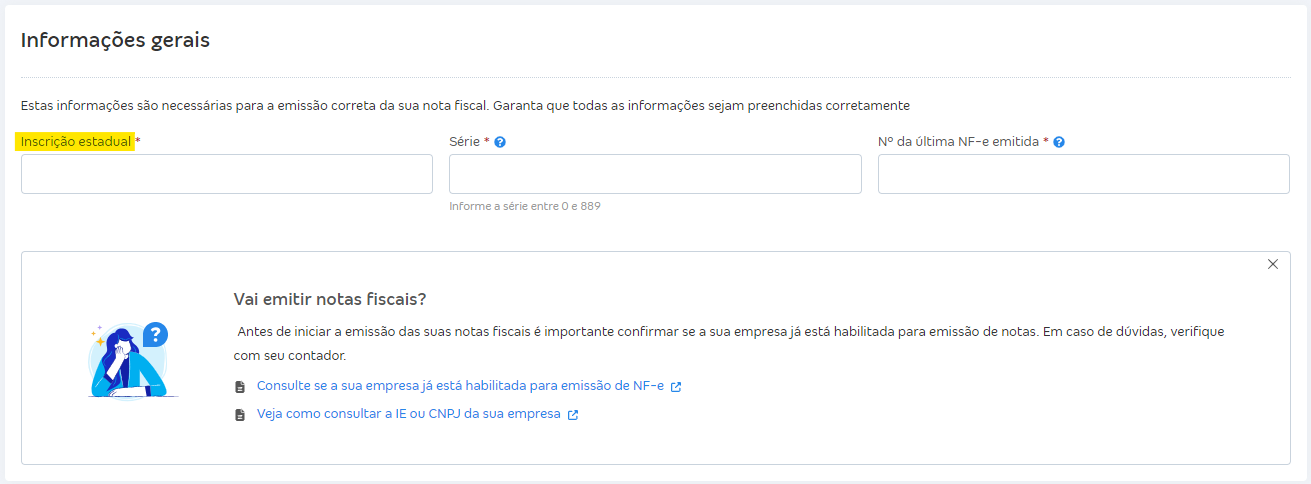 Tela com destaque para o campo Inscrição estadual nos Dados da empresa.
