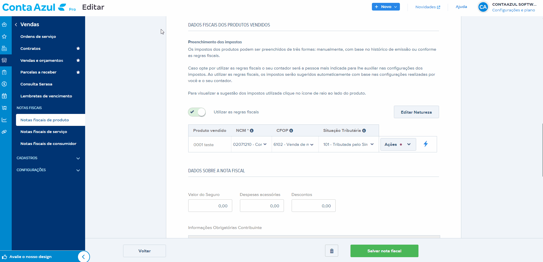 Passo a passo para informar a Unidade de medida para venda no rascunho da NF-e.