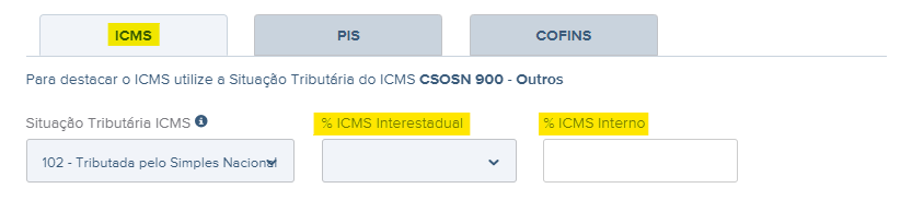 Tela com destaque para os campos % ICMS Interestadual e % ICMS Interno no rascunho da NF-e.
