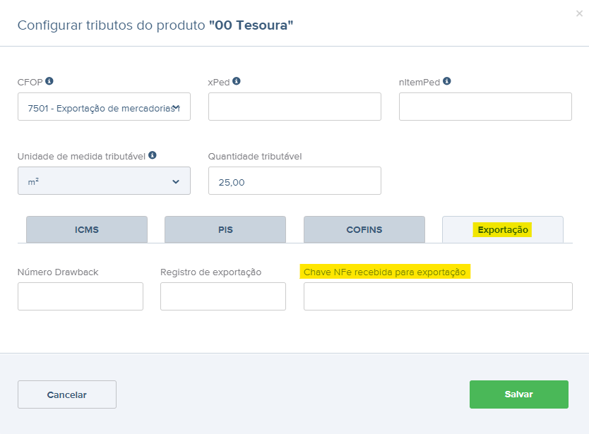 Tela de preenchimento da Chave NFe recebida para exportação na NF de exportação.