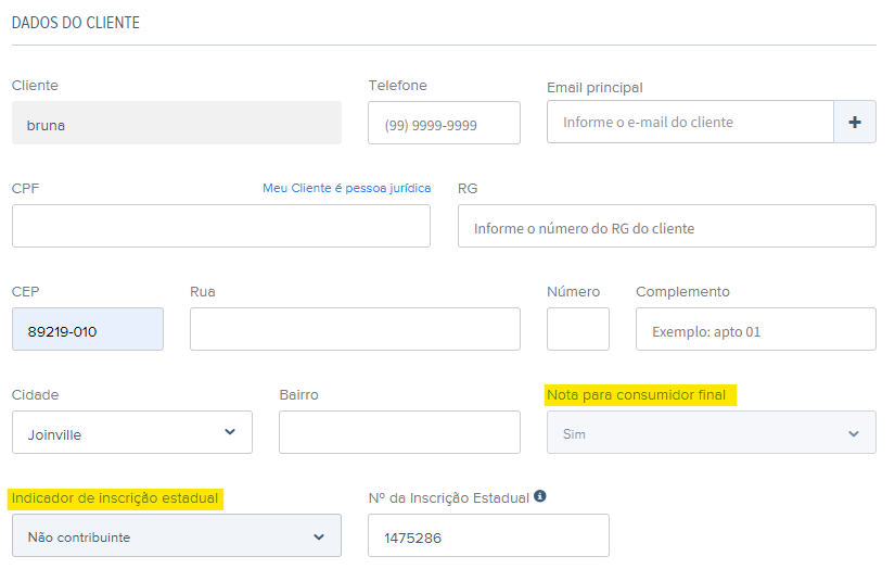 Tela de preenchimento de Indicador de Inscrição Estadual e Nota para consumidor final.