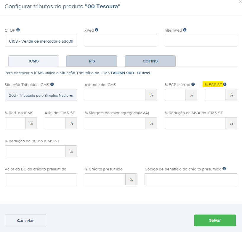 Tela com destaque para o campo FCP ST no rascunho da NF-e.