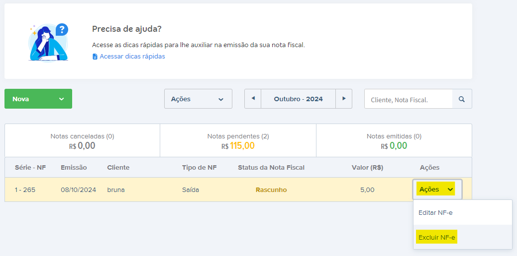 Tela de notas Fiscais de Produto com destaque para o botão Excluir NF-e.