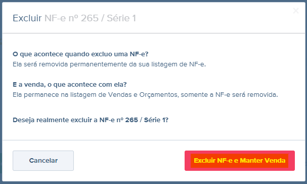 Tela de exclusão de NF-e com destaque para o botão Excluir NF-e e Manter Venda.
