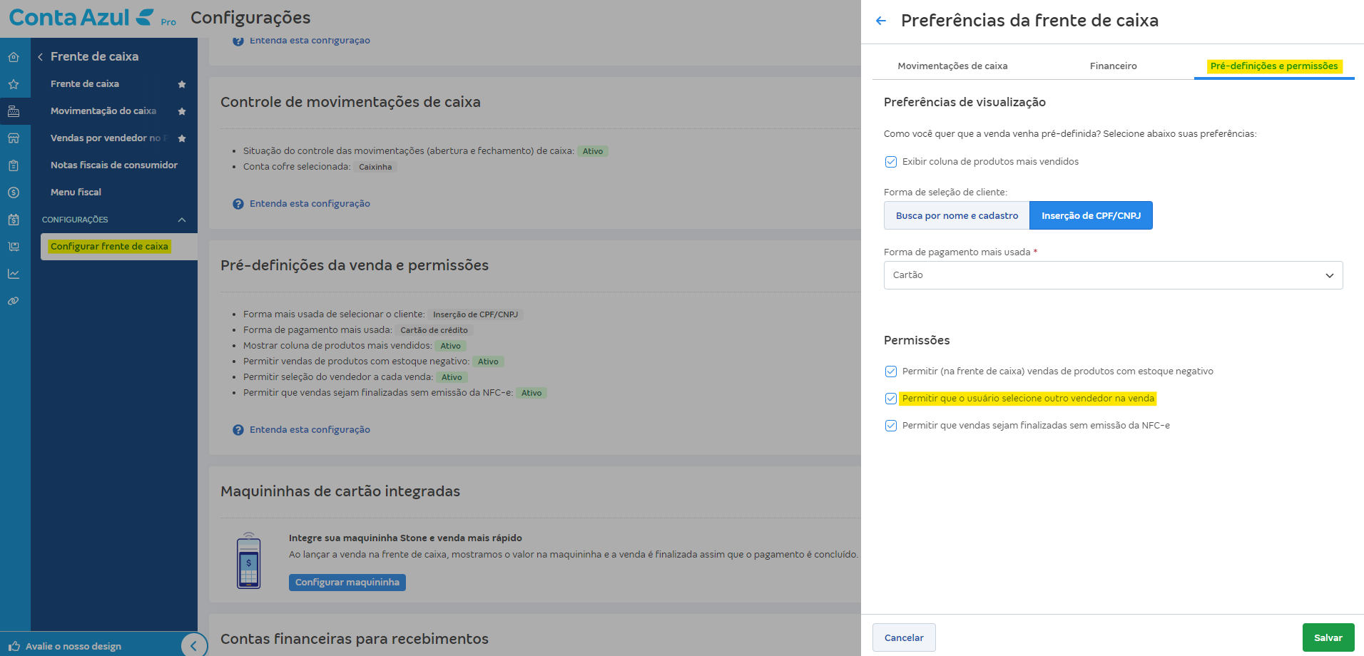 Tela de configuração da NFC-e para Permitir que o usuário selecione outro vendedor na venda.