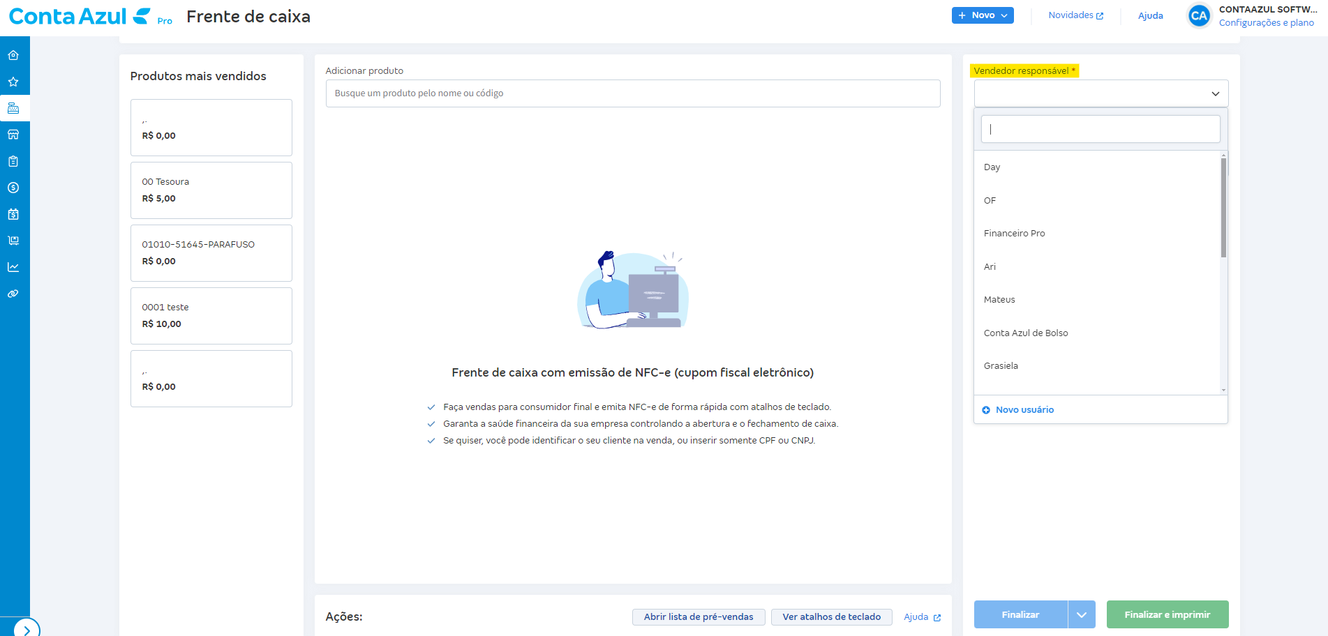 Tela de emissão da NFC-e com escolha de vendedor na venda.