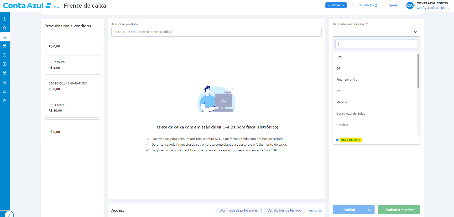 Tela para cadastrar um novo usuário no momento da emissão da NFC-e para escolher vendedor na venda.