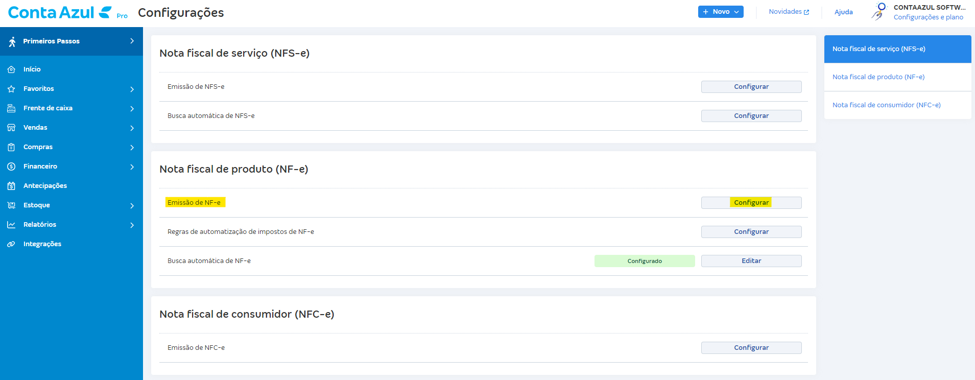 Tela de Configurações de notas fiscais com destaque para edição da configuração de Emissão de NFe.