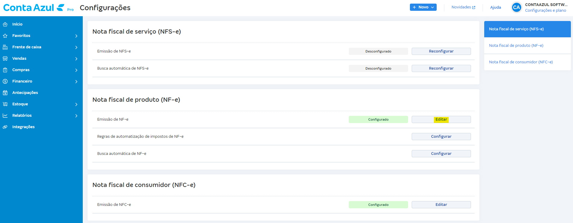 Tela de Configurações de notas fiscais com destaque para edição da configuração de Emissão de NFe.