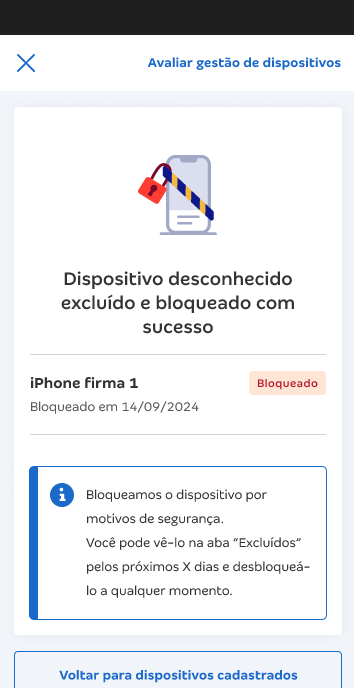 Tela de bloqueio e exclusão de dispositivo no Conta Azul de Bolso.
