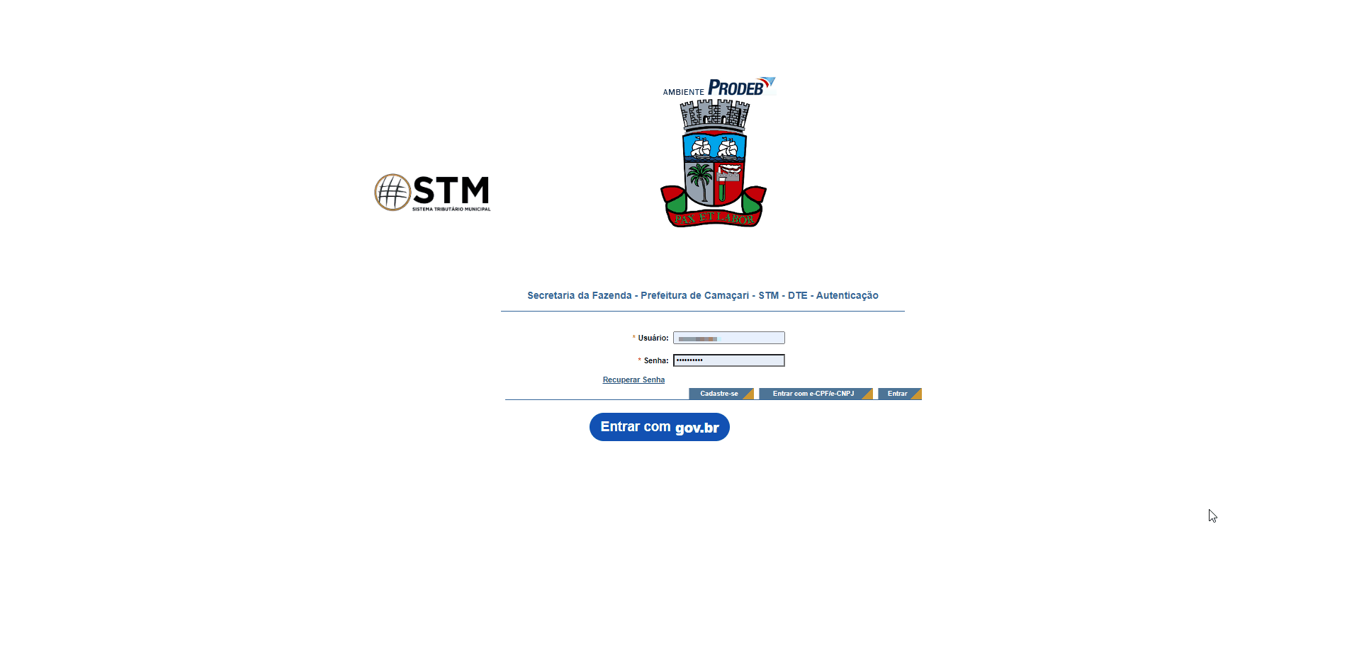 Tela de login no portal da prefeitura.