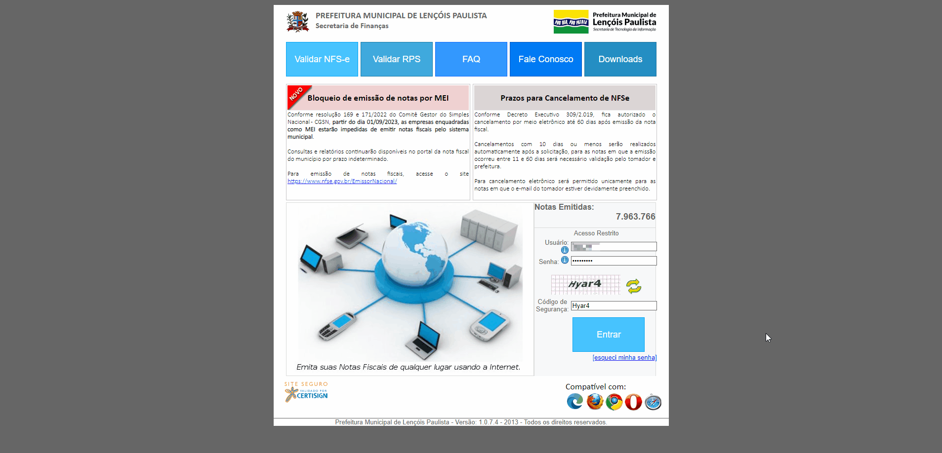Tela de login no portal da prefeitura.
