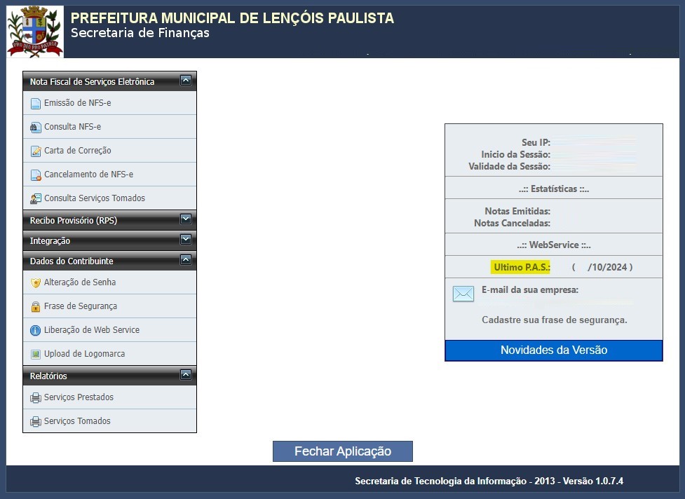 Tela para consulta do RPS no padrão Lençóis Paulista.
