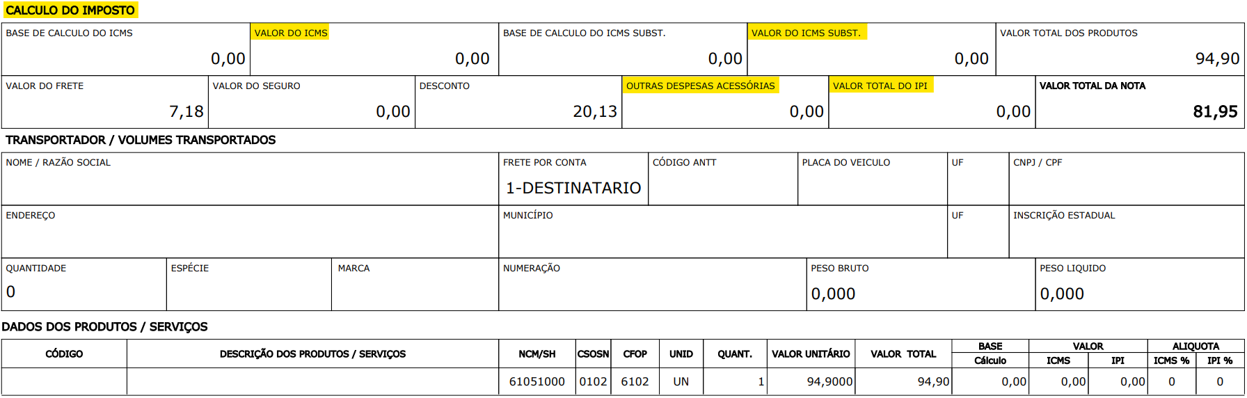 PDF da NF-e com os campos ICMS, ICMS ST, Outras Despesas Acessórias e IPI.