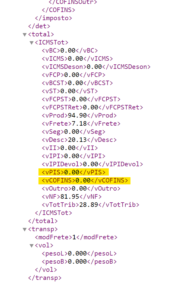 XML da NF-e com os campos PIS e COFINS.