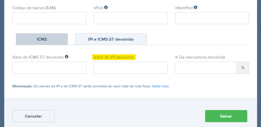 Rascunho da NF-e com o campo Valor do IPI Devolvido.