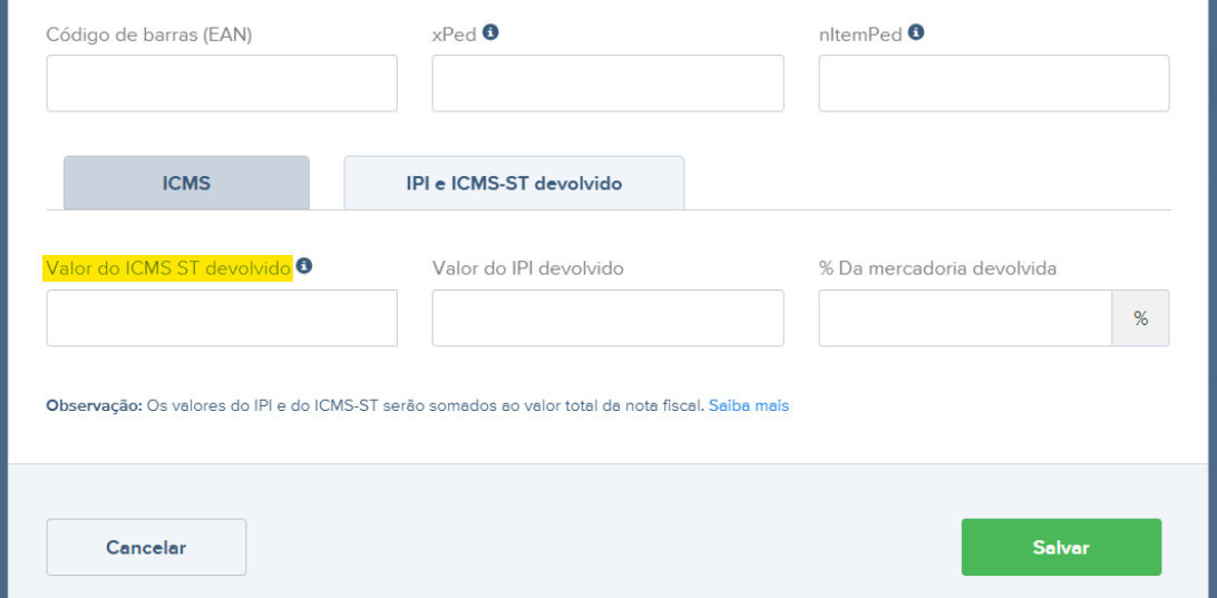 Rascunho da NF-e com o campo Valor do ICMS ST devolvido.