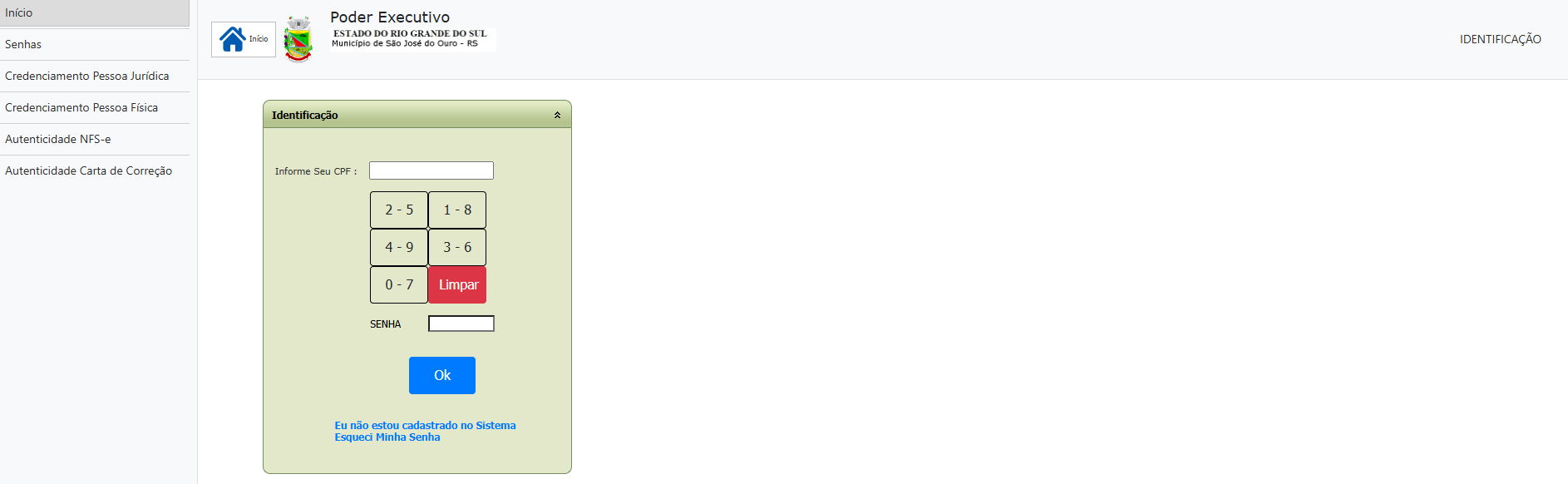 Tela de login no portal da prefeitura.