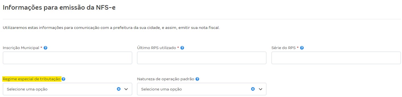 Tela de configurações da NFS-e com destaque para o campo Regime especial de tributação.