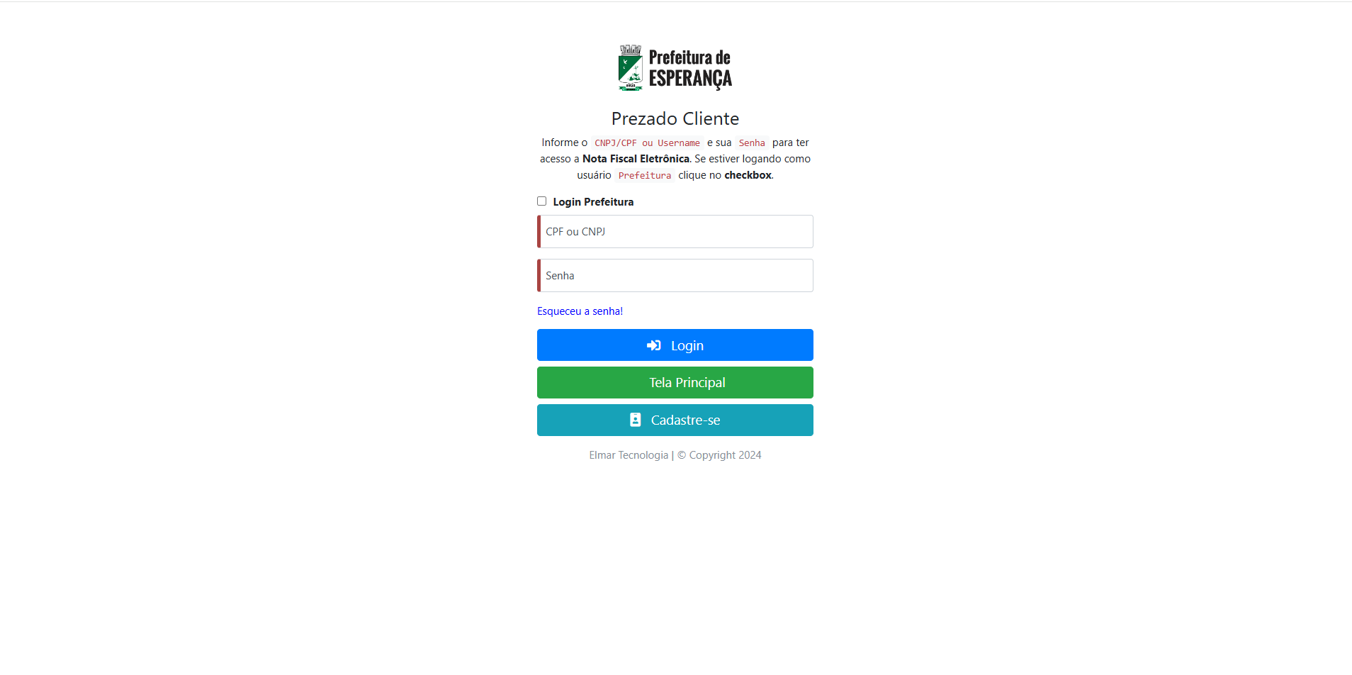 Tela de login no portal da prefeitura.
