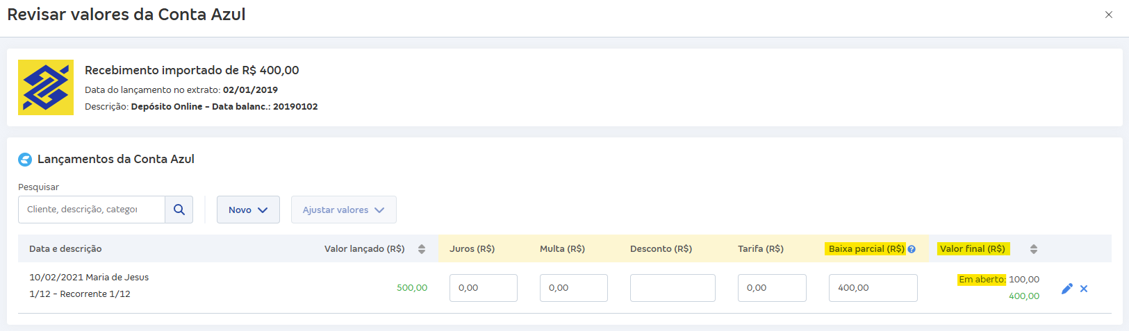 Tela de Revisar valores com destaque para os campos Baixa parcial (R$) e Em aberto.