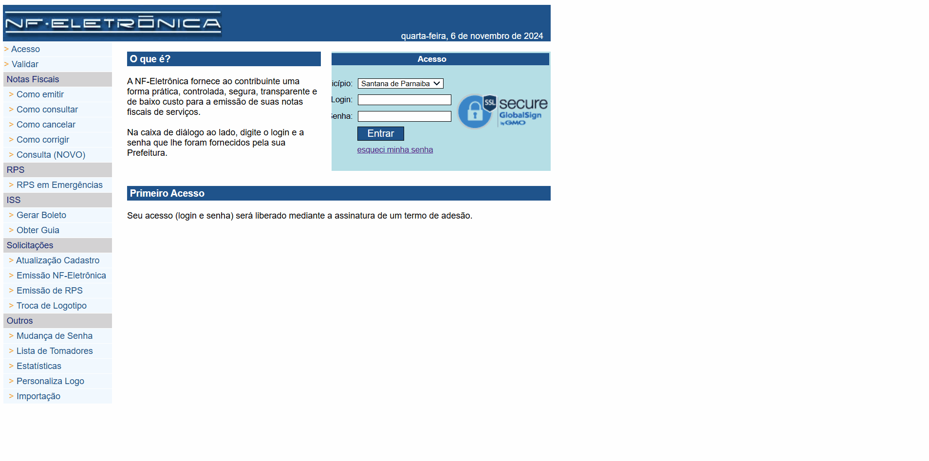 Tela de login no portal da prefeitura.