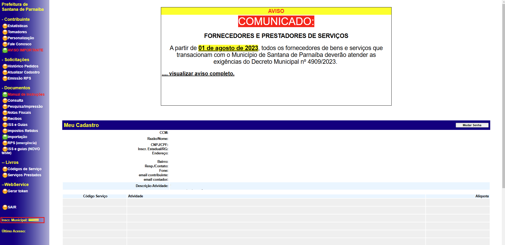 Tela para consulta da Inscrição Municipal no padrão NF Eletrônica.