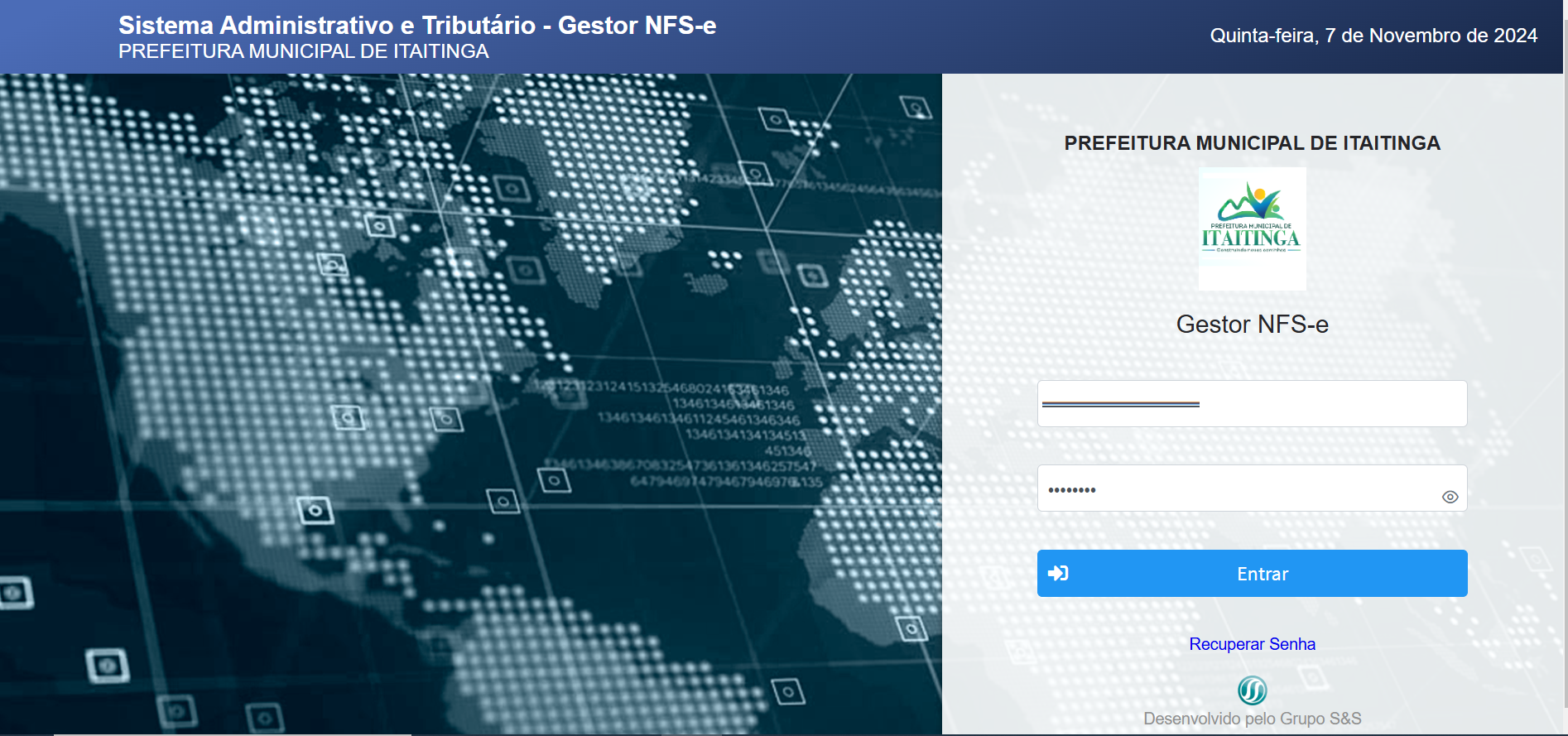 Tela de login no portal da prefeitura.
