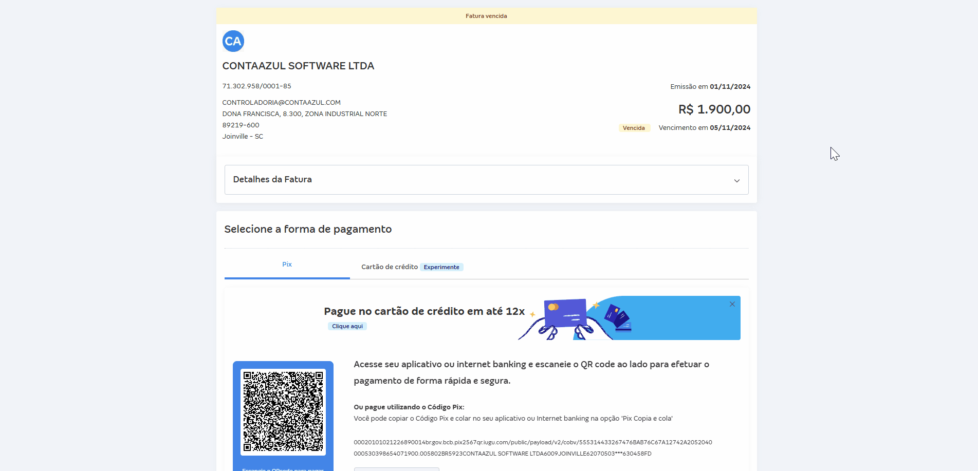 Passo a passo para consultar o modelo da fatura do Pix cobrança da Conta Azul.