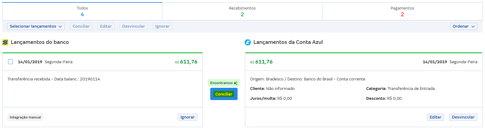 Tela de conciliações pendentes com destaque para o botão Conciliar.