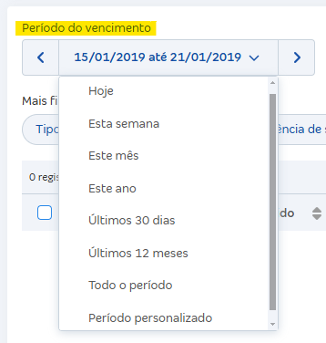 Tela de Buscar lançamento com destaque para o filtro Período do vencimento.