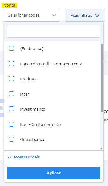 Tela de Buscar lançamento com destaque para o filtro Conta.