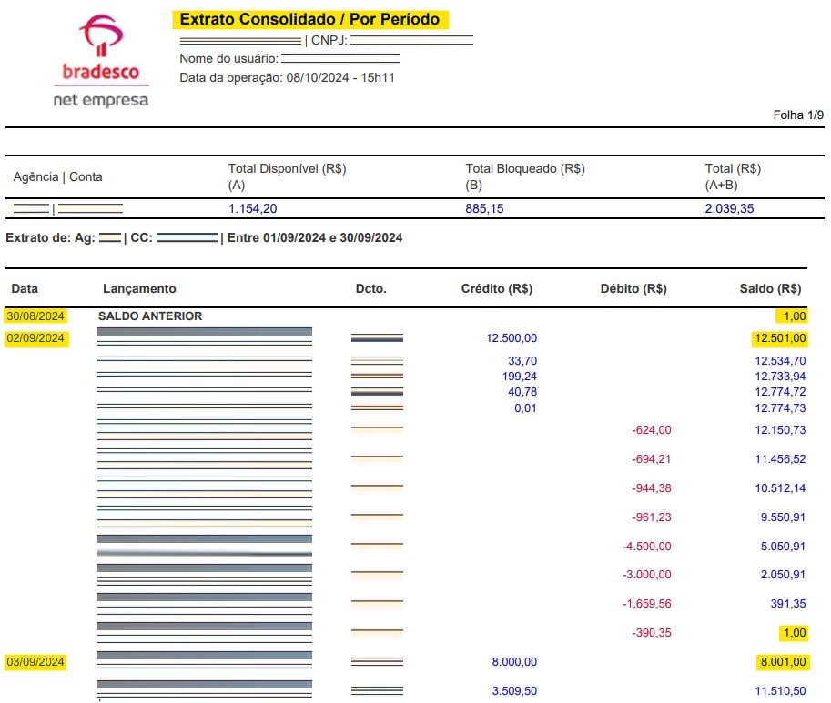 Imagem do extrato consolidado por período do Bradesco em PDF com destaque para os campos Data e Saldo (R$).