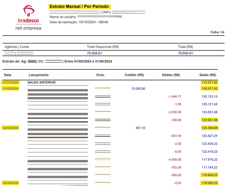 Imagem do extrato mensal por período do Bradesco em PDF com destaque para os campos Data e Saldo (R$).