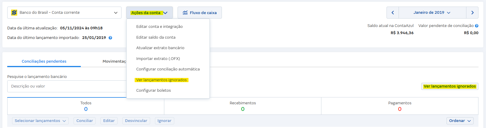 Tela de conciliações pendentes com destaque para os botões Ações da conta e Ver lançamentos ignorados.