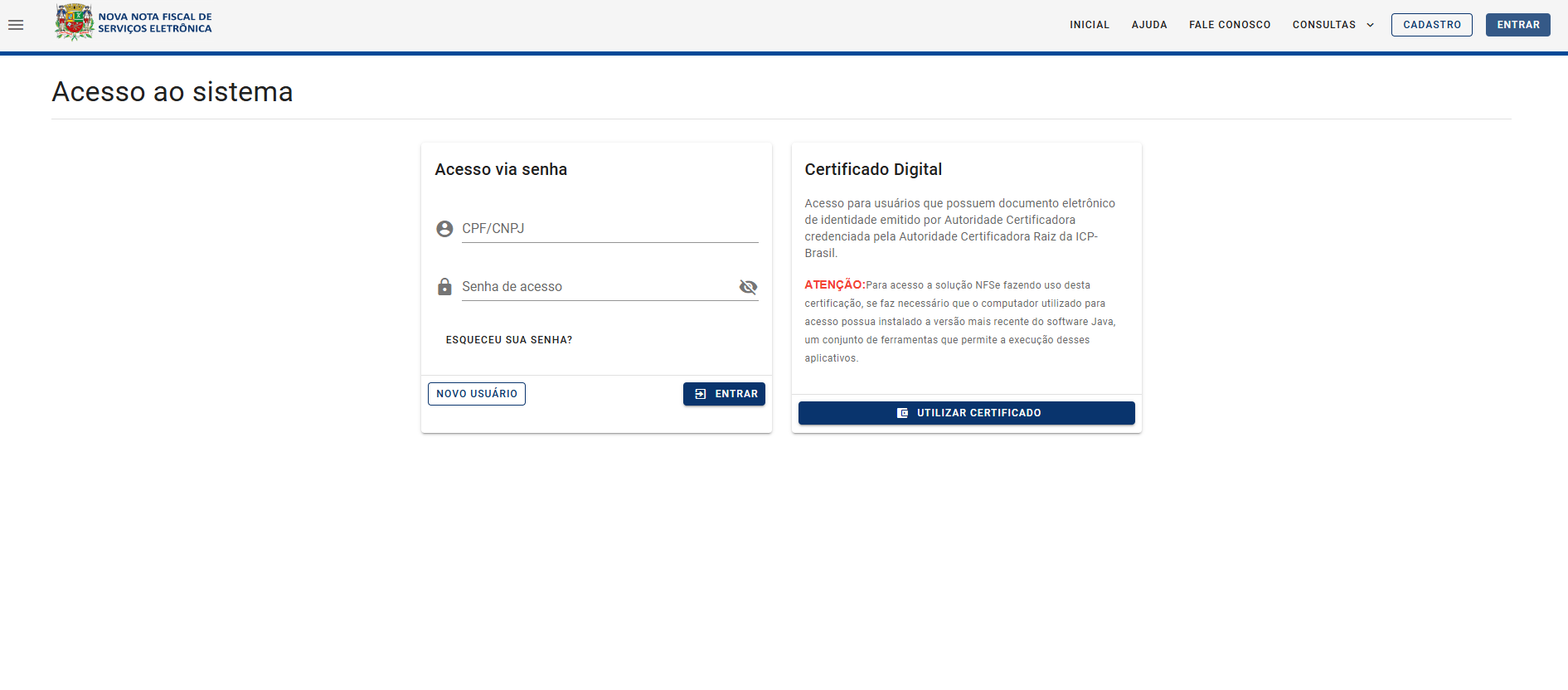 Tela de login no portal da prefeitura.