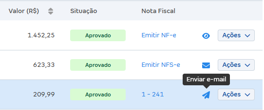 Tela de lista de vendas com destaque para o ícone de avião de papel.