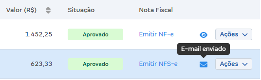 Tela de lista de vendas com destaque para o ícone de envelope fechado.
