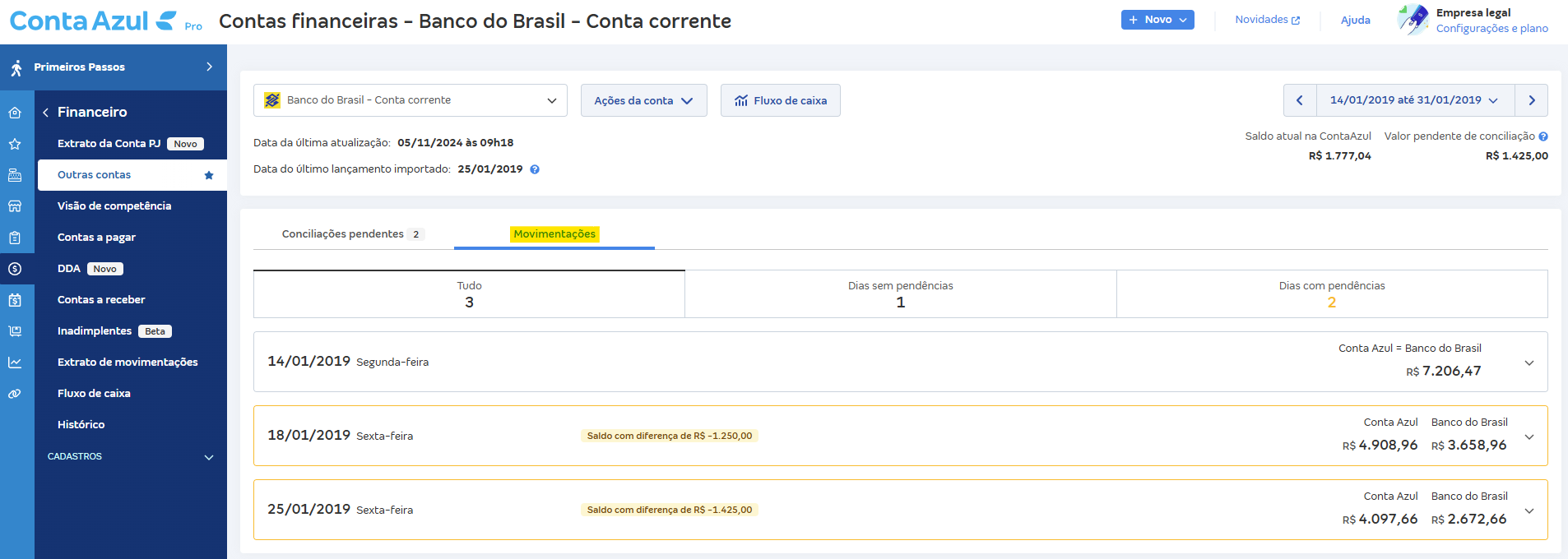 Tela de Movimentações com destaque para a mensagem Saldo com diferença de R$.