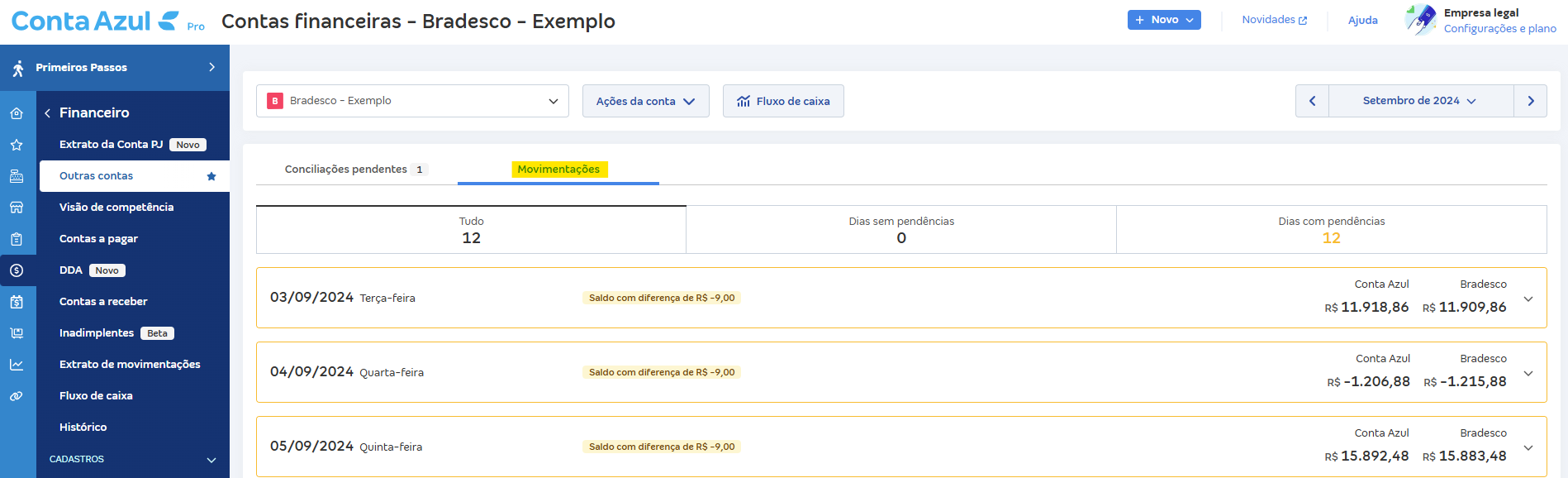 Tela de Movimentações com destaque para a mensagem Saldo com diferença de R$.