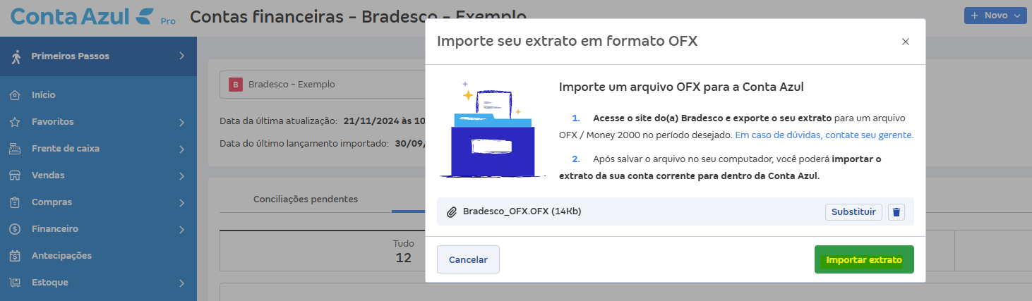 Tela de Importar extrato (OFX) com destaque para o botão Importar extrato.