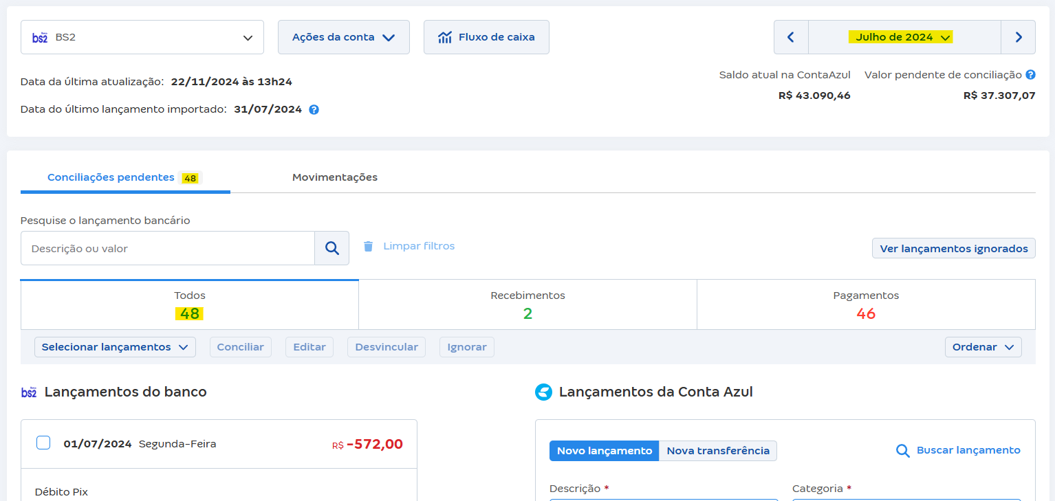 Tela de conciliações pendentes da Conta Azul Pro com destaque para o total de conciliações pendentes.