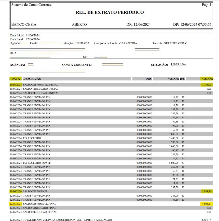Imagem do extrato bancário C6 Bank em PDF com destaque para os campos Data e Valor.