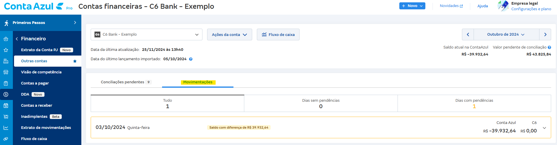 Tela de Movimentações com destaque para a mensagem Saldo com diferença de R$.