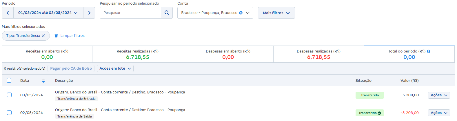 Tela de Extrato de movimentações com destaque para transferências.