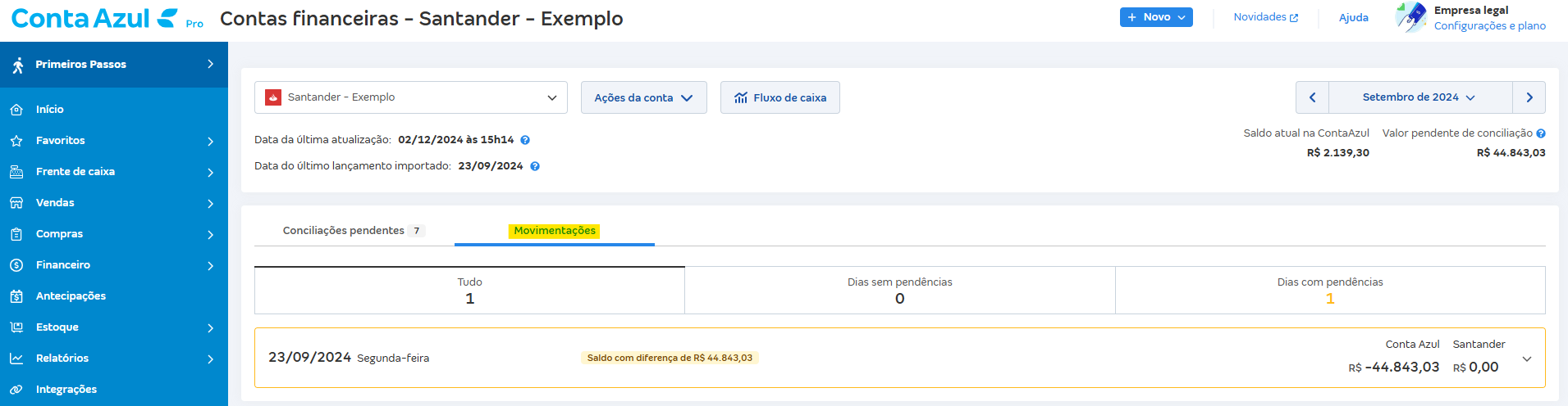 Tela de Movimentações com destaque para a mensagem Saldo com diferença de R$.