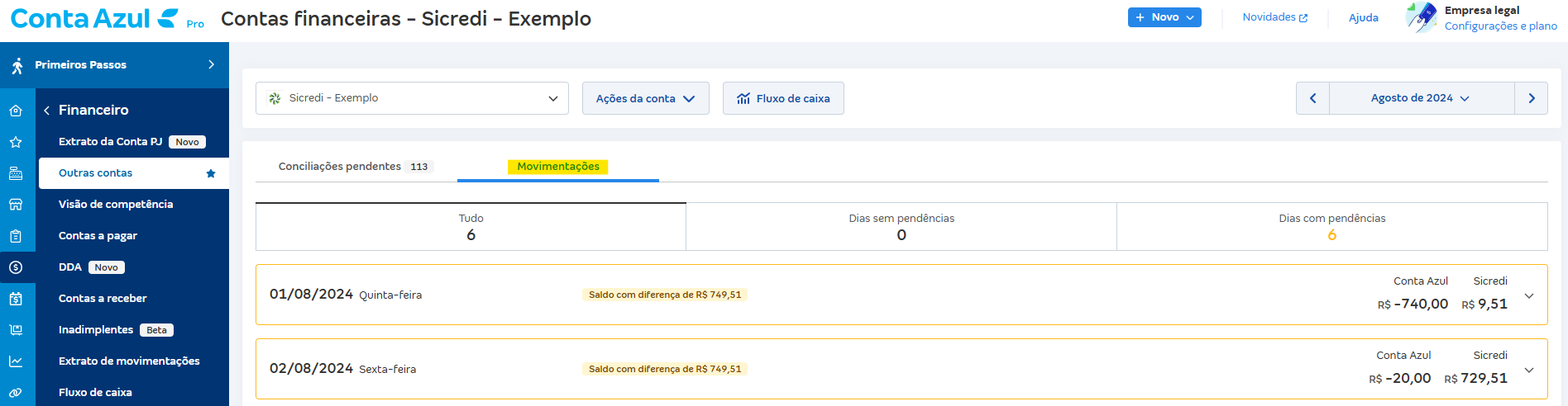 Tela de Movimentações com destaque para a mensagem Saldo com diferença de R$.