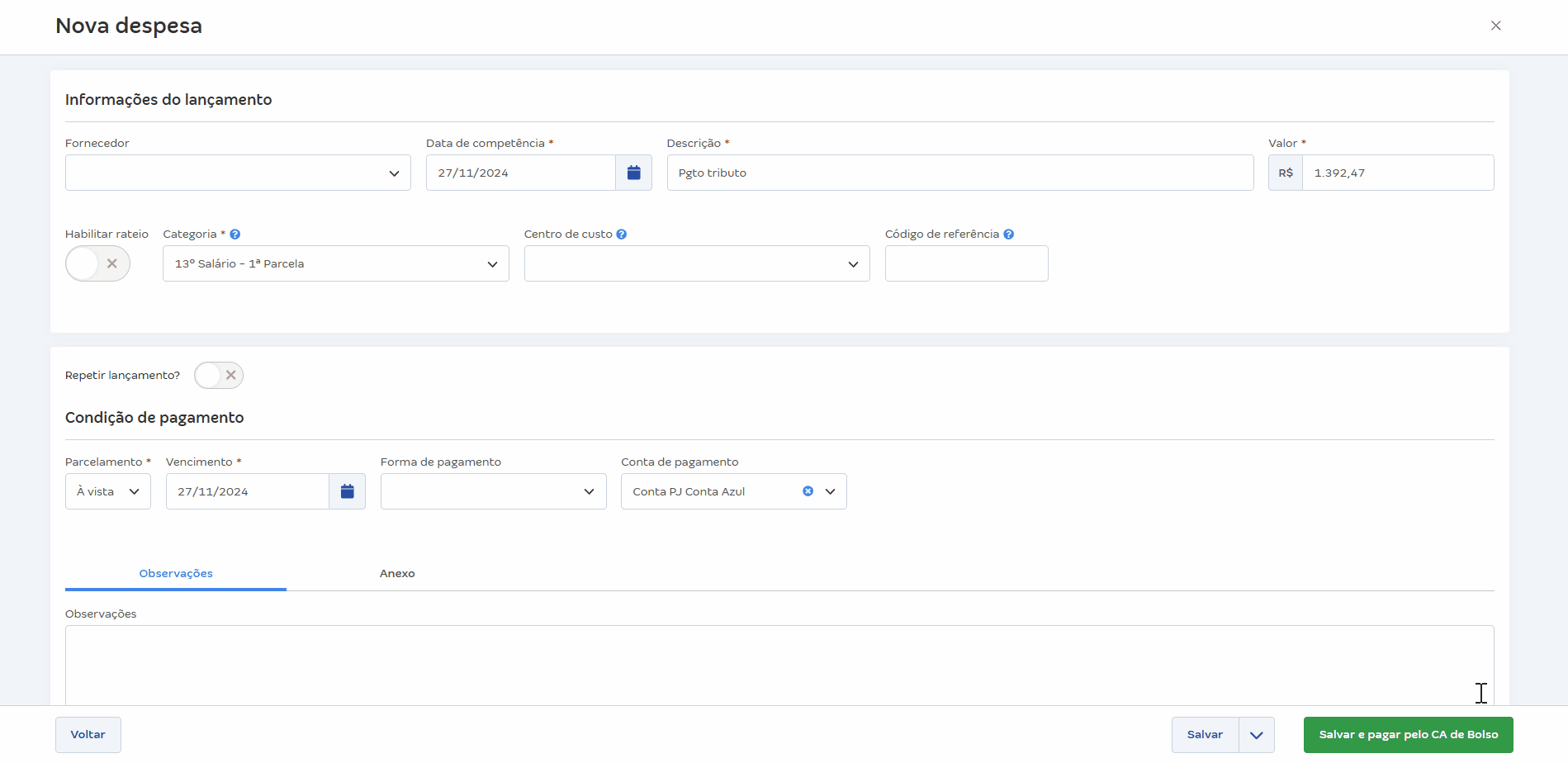 Passo a passo para lançar o pagamento de tributos pelo computador Conta Azul Pro e solicitar o pagamento.