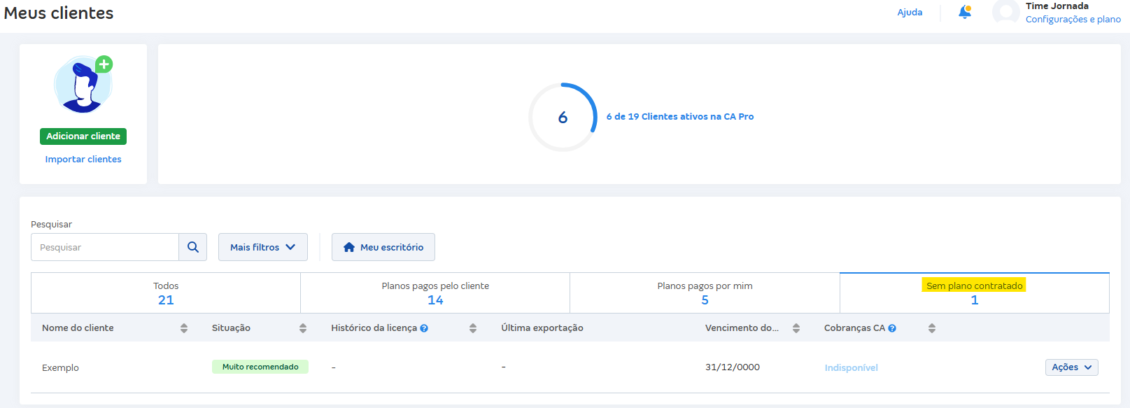Tela de Meus clientes com destaque para a aba Sem plano contratado.
