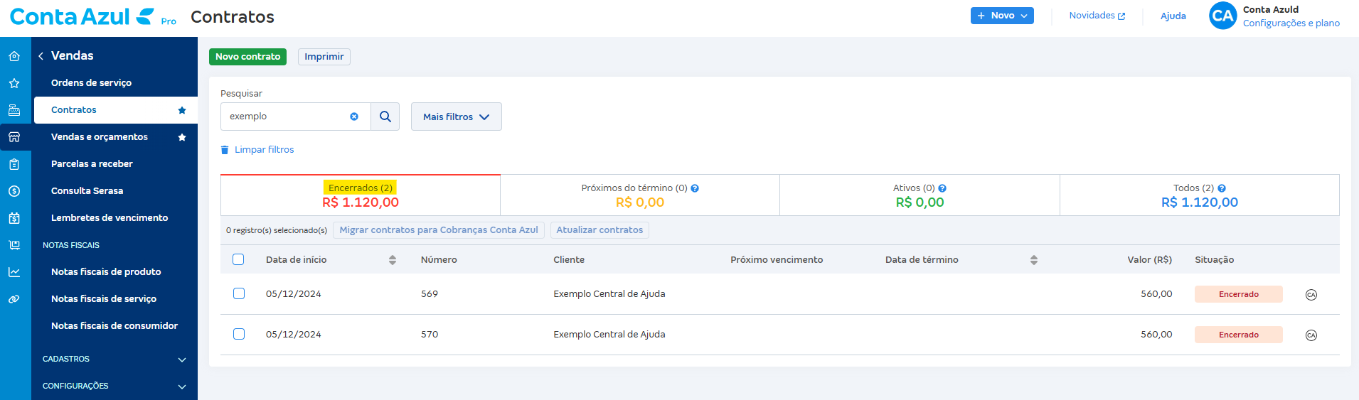 Tela de lista de contratos com destaque para a aba Encerrado.